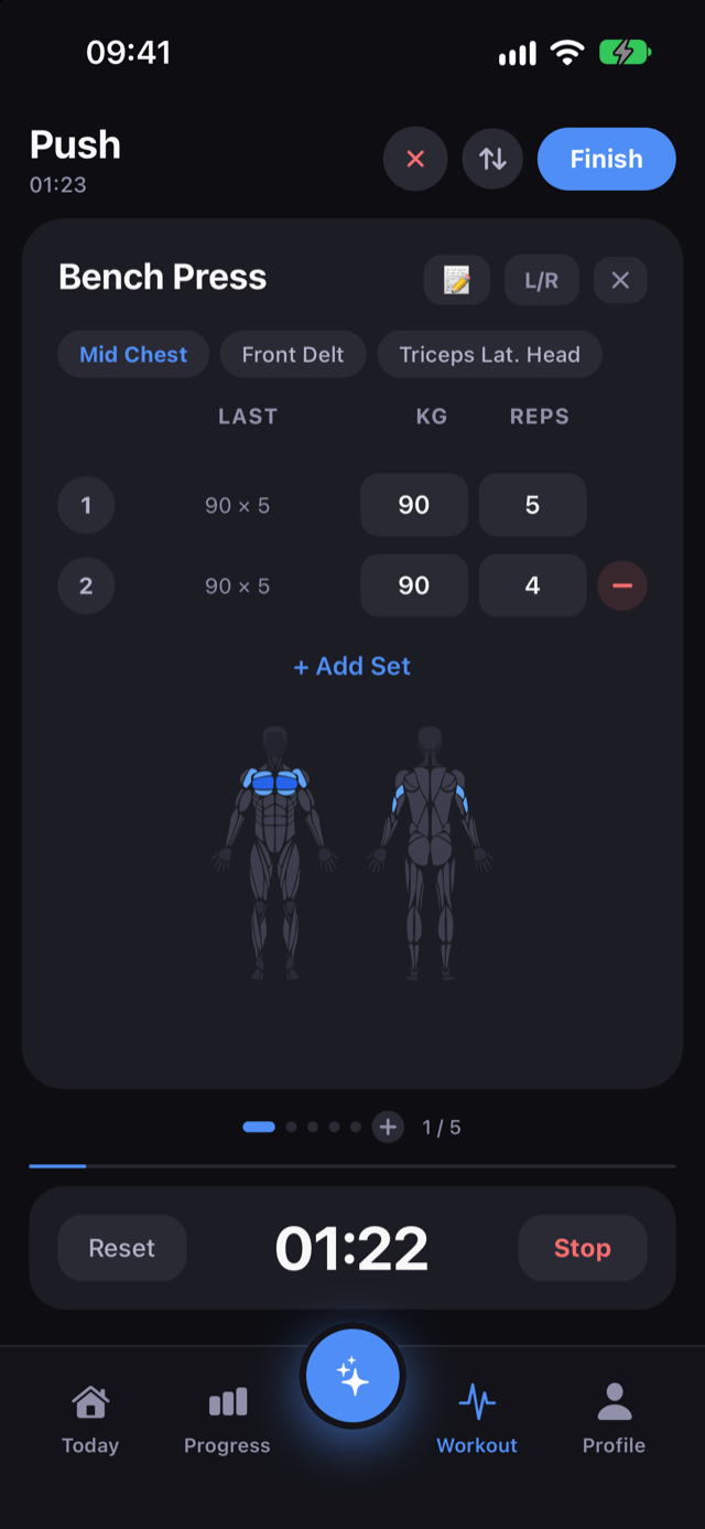 An active workout with the muscle diagram and rest timer
